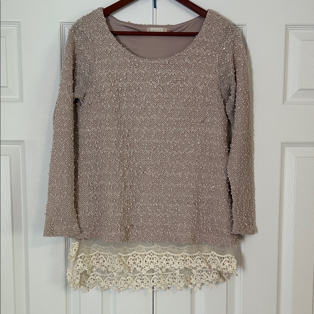 Altar'd State Mauve Knit Top with Cream Lace Trim